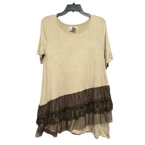 Lady Noiz Tan and Brown Asymmetrical Ruffled Tunic